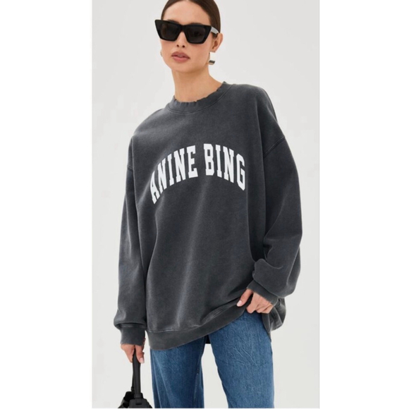 ANINE BING Tyler Varsity Oversized Sweatshirt in Washed Black, Cotton, Size XL - Picture 6 of 11